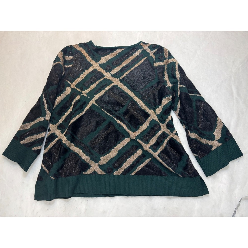 Chicos 3/XL Green‎ Gold Black Geometric Pattern Sweater 3/4 Sleeve